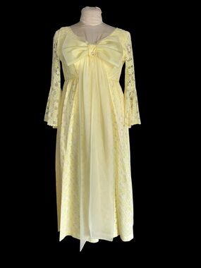 Vintage 60s 70s Yellow Lace Tea Length Dress Romantic Size Small Bohemian MCM
